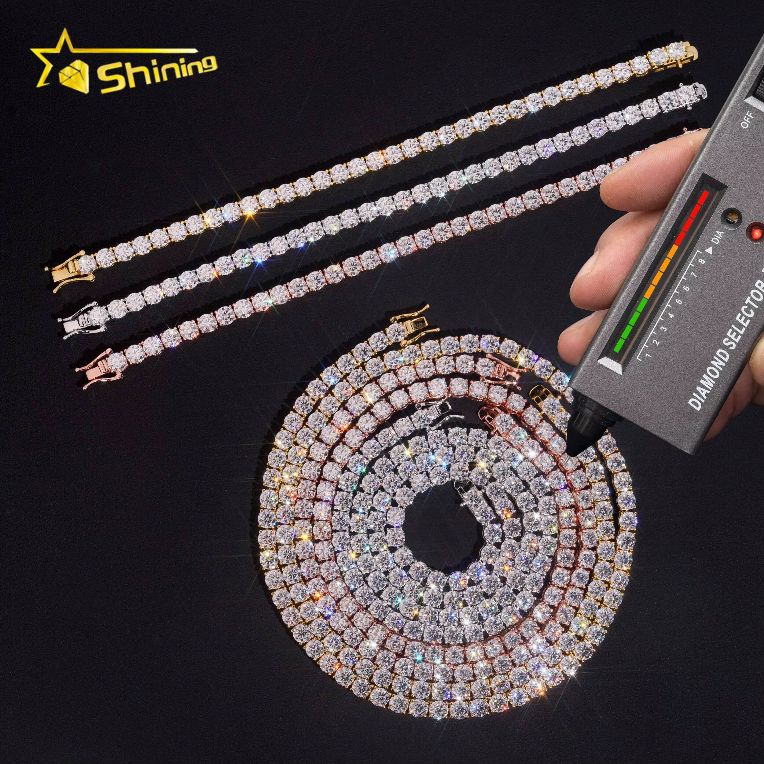 Hot Sale Cheapest Tennis Chain VVS Moissanite 925 Sterling Silver Gold Plated Pass Diamonds Test Sparkling Tennis Necklace RTS