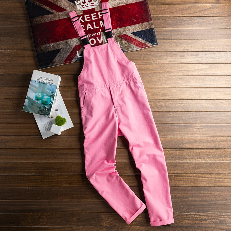 Men Pink Bib Overalls Casual Adjustable Suspenders Jumpsuits Y2K Loose Straight Pants 250804