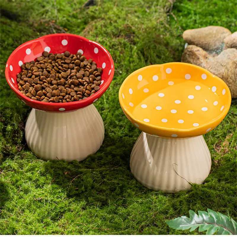 Cute Cartoon Mushroom Ceramic Pet Bowl High Foot Protection for Cervical Spine Feeder for Puppy Dog Small Cat Pet Accessories Y250806