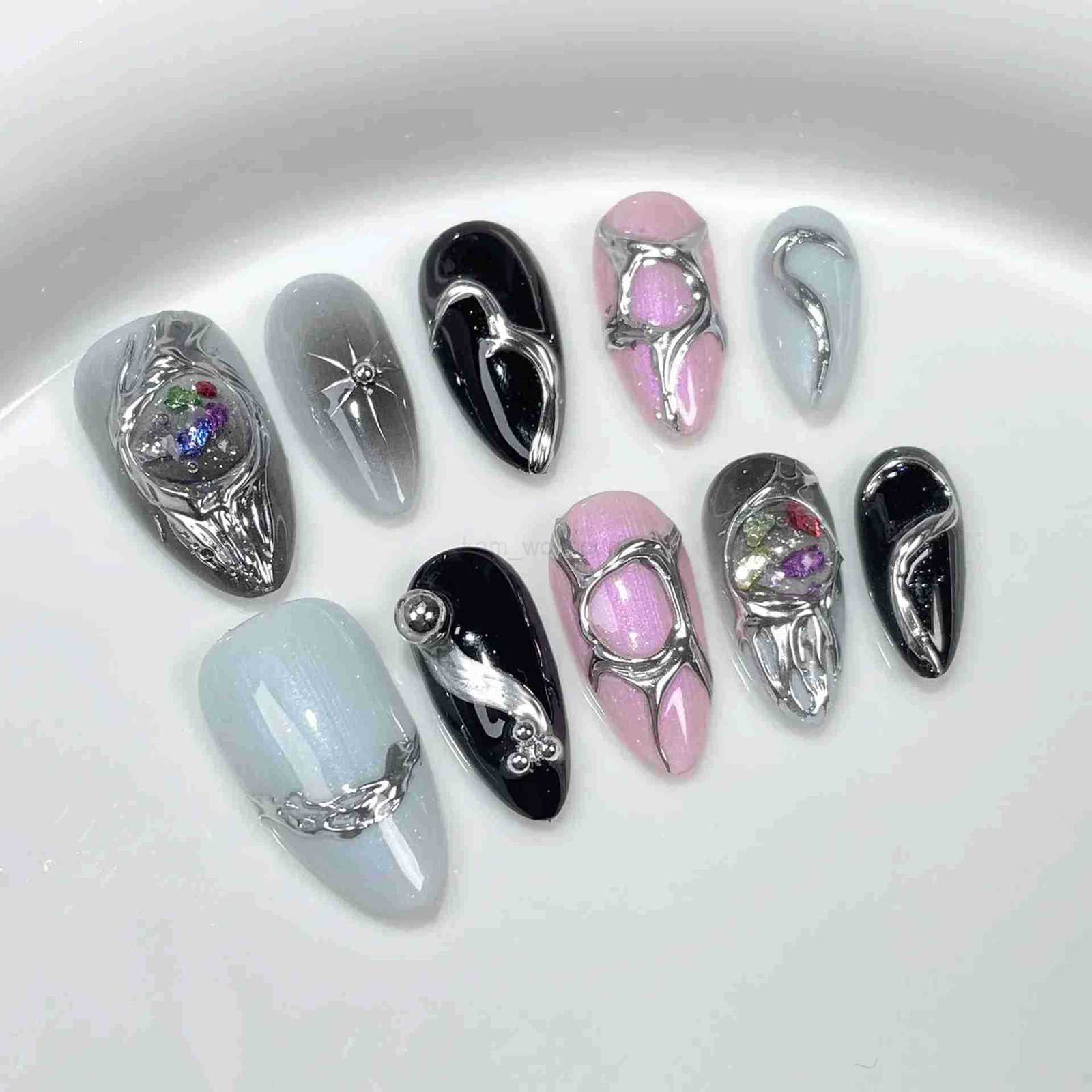10Pcs Metallic Almond Handmade Fake Nails with Glue Sweet Cool Gel Nail Press on Dark Color Full Cover False Manicure Nail Tips M250807