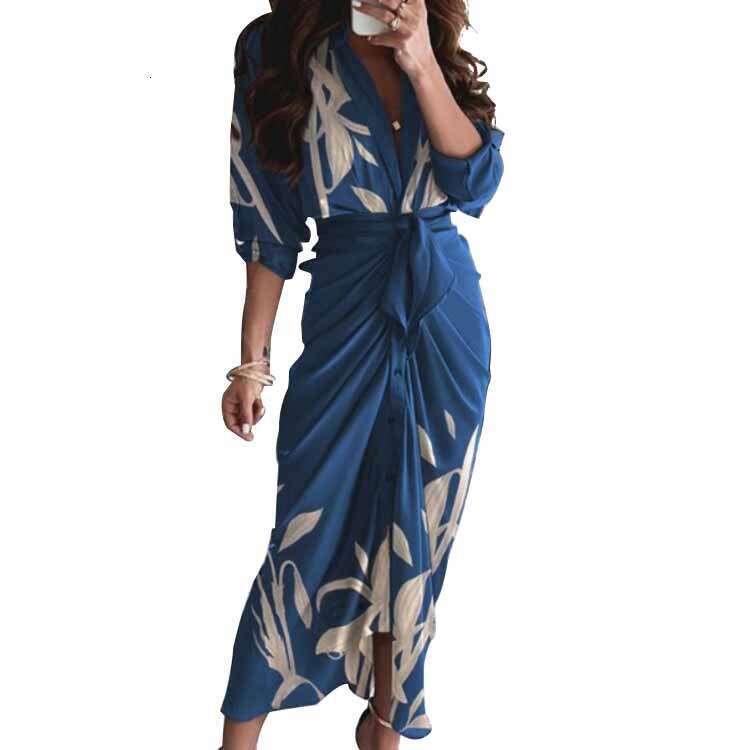 Women's Fashion New INS Style Three-Quarter Sleeve Sexy Printed Ruched V-Neck Tie Winter Dress B5 h7