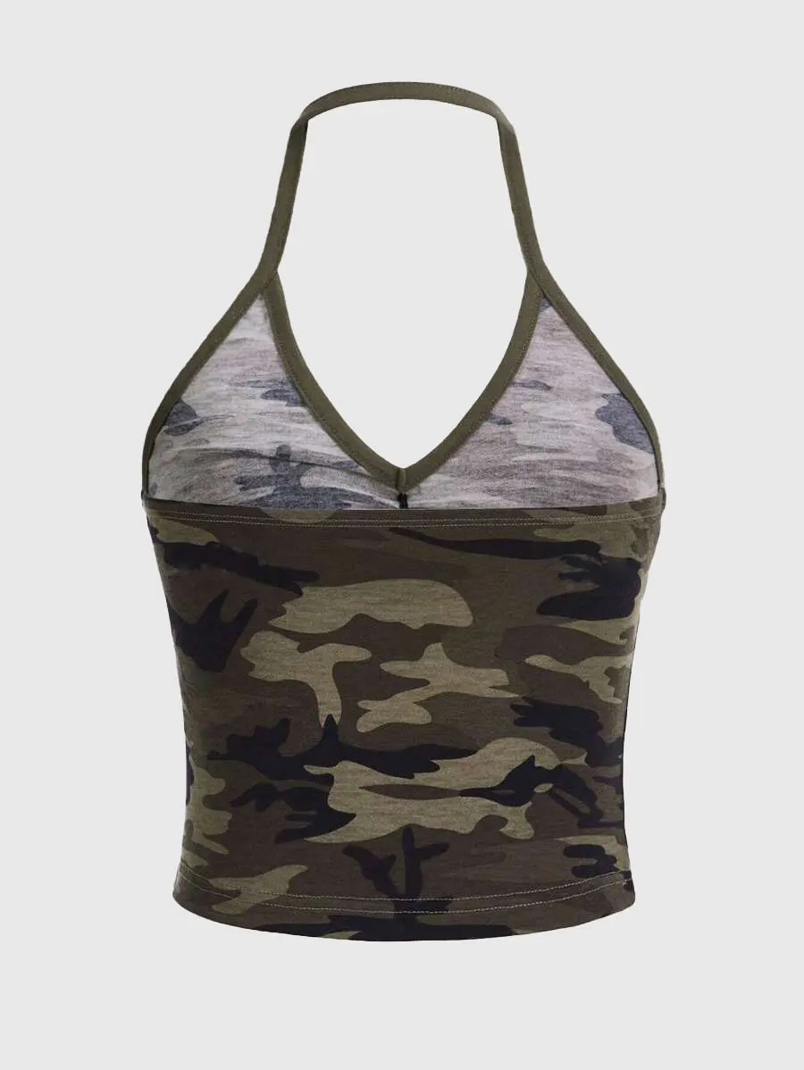 Camouflage printed Vneck short top womens apparel 250807