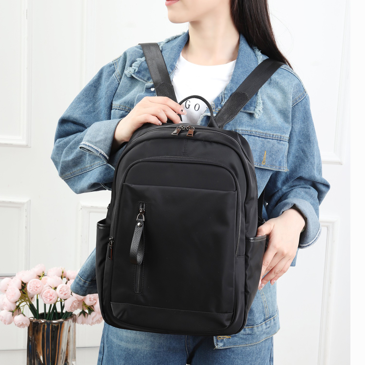 5639XL01 Waterproof Fabric Neutral Style Backpack High-capacity Paired With Cowhide Leather Lightweight and Simple Business Travel Computer Bag