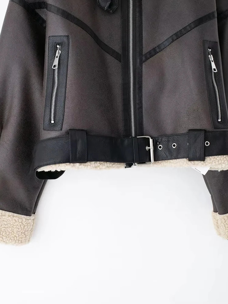 TRZA Winter Women Fashion With Belt Suede Lamb Leather Jacket Coats Faux Shearling Sheepskin Leather Outerwear Chic Tops 250804