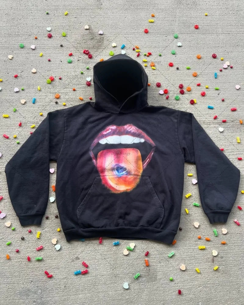 American Retro Harajuku streetwear Women High Street Oversized Sweatshirt Hiphop Lips Casual Graphic Hoodie Mens Clothing 250807