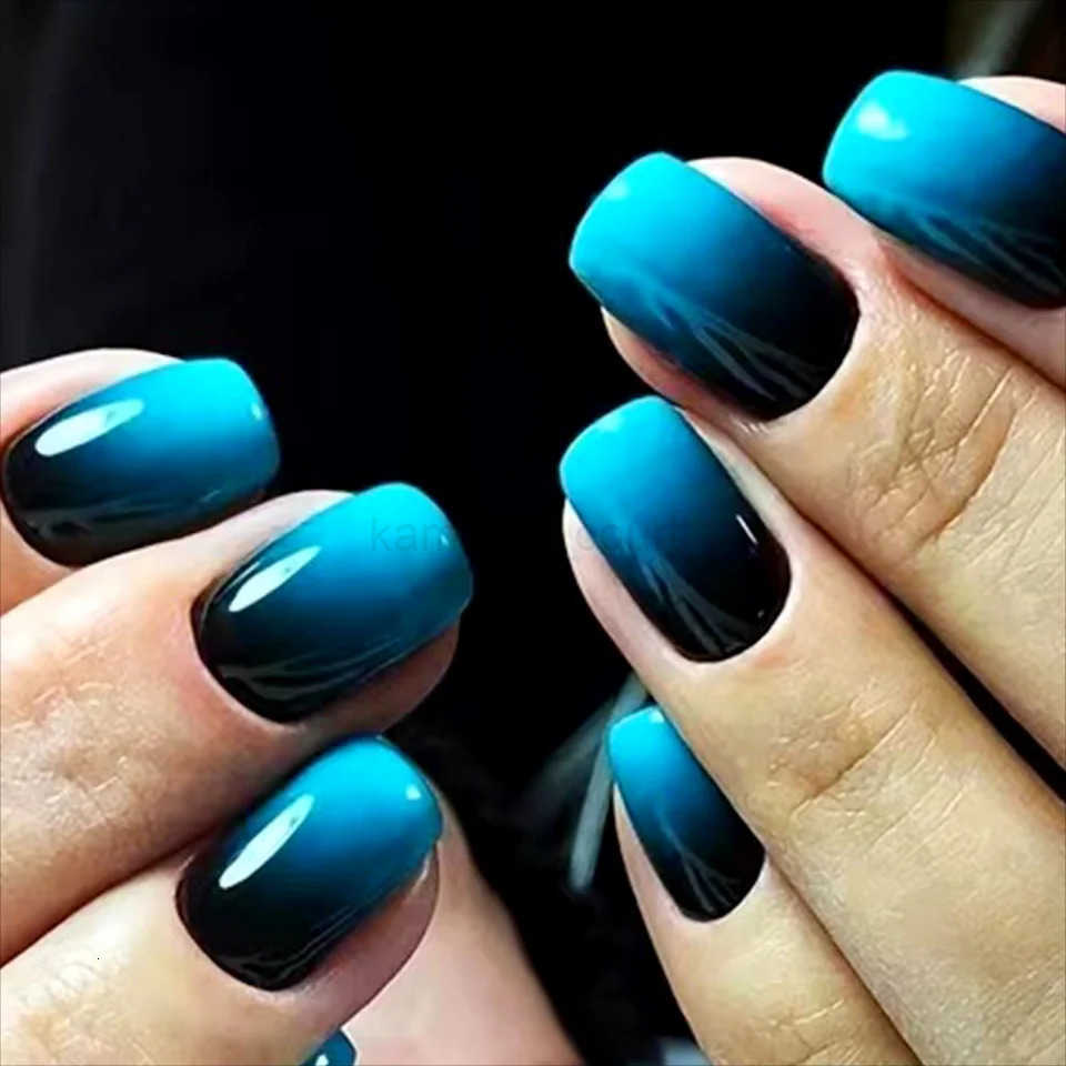 24Pcs Short Size French Blue Black Gradient Classic Versatile Girls Women Full Coverage Wearable Fake Nails Set M250807