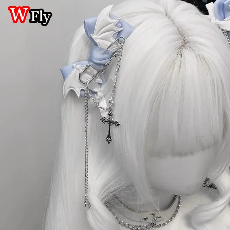 Womens Harajuku Steampunk Handmade Headwear Subculture Chain Cross Edge Clip Headpiecee Blue Girls Lolita Y2K Gothic Hairpins 250730