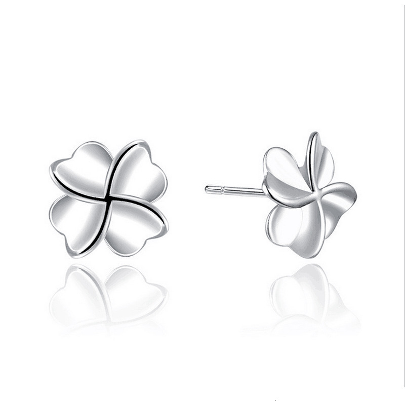 Free Shipping Designer Luxury Jewelry Four-leaf Clover 925 Silver Plated Women's Earrings Korean Fashion Smooth Simple Plain Silver Lucky Leaf Ea