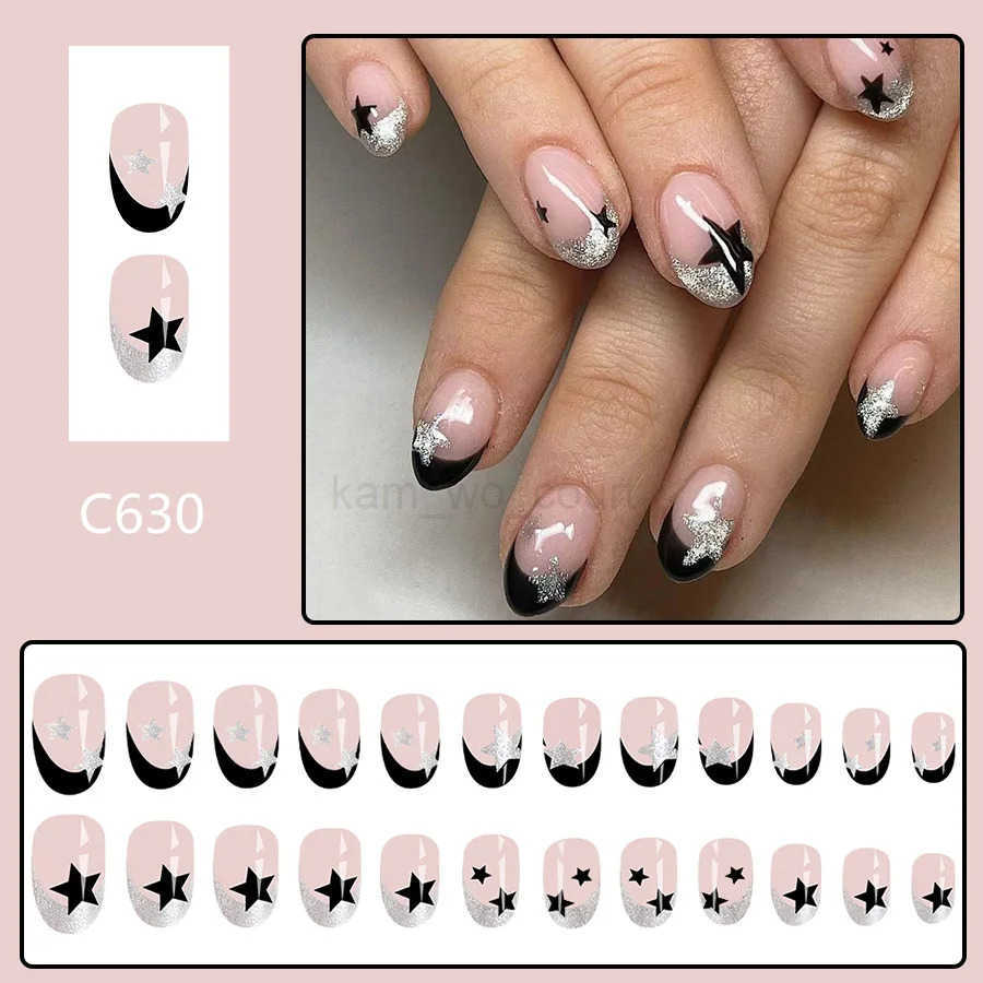 24pcs Short Oval Press-on Nails French Simple Glitter Black Five-Pointed Star Fake Nails for Women Girls Detachable Wearable Nails M250807