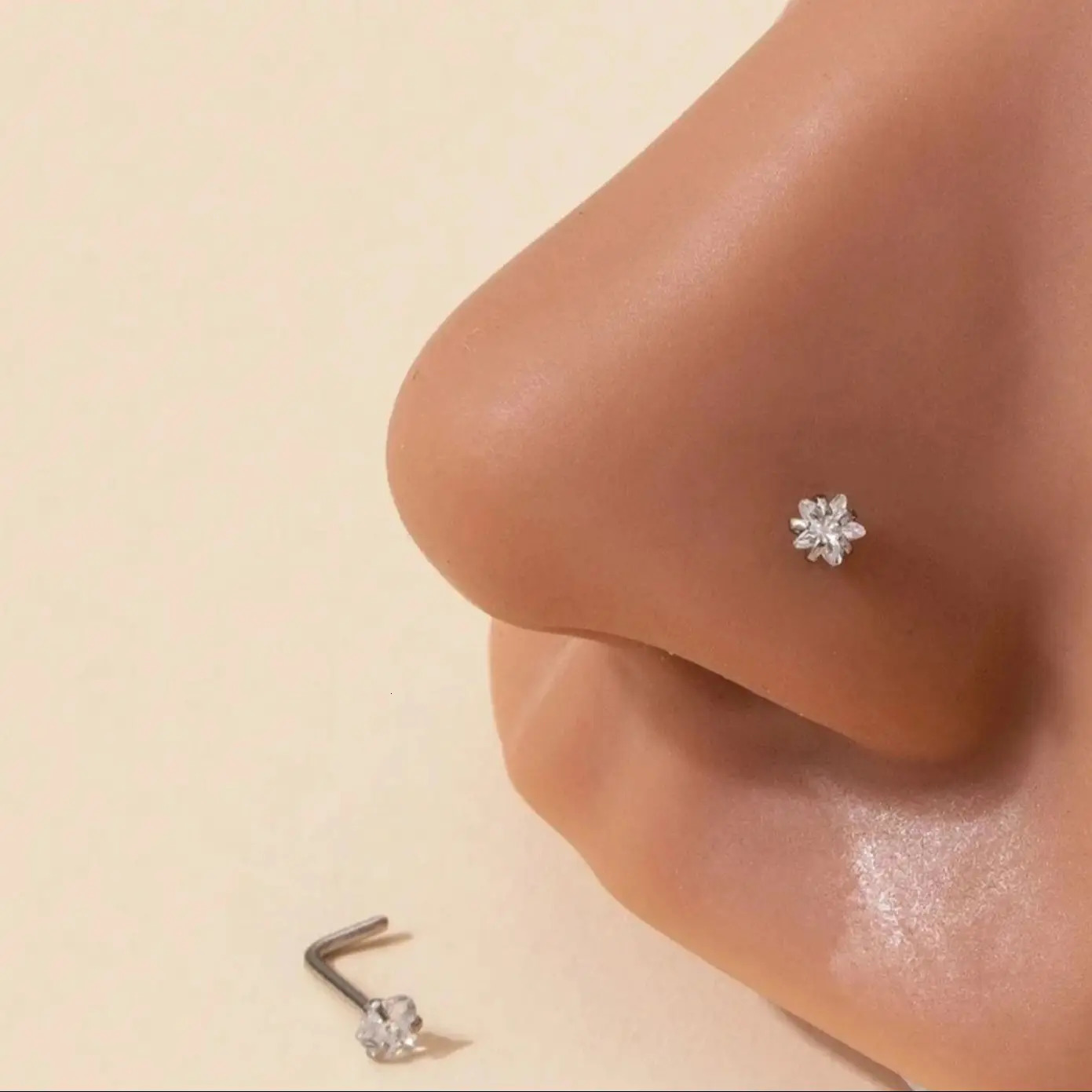 1 pc Peach Shape Heart Star Shiny Zircon Stainless Steel L-Shape Small Nose Ring Nose Studs Punk Nose Piercing Jewelry 250805