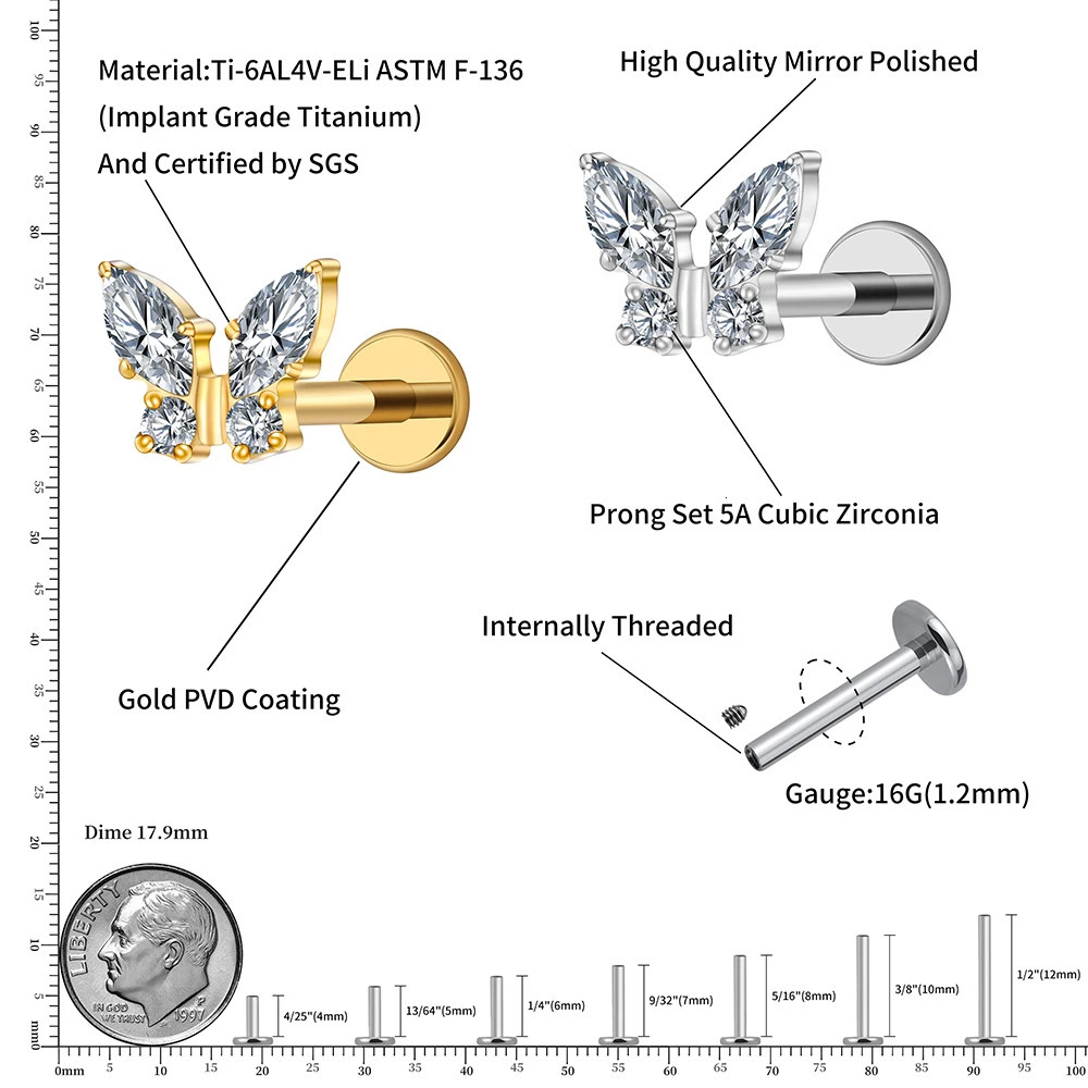 Right Grand ASTM 36 16G Mini Butterfly CZ Labret Tragus Cartilage Conch Forward Helix Stud Nose Piercing Body Jewelry 250805