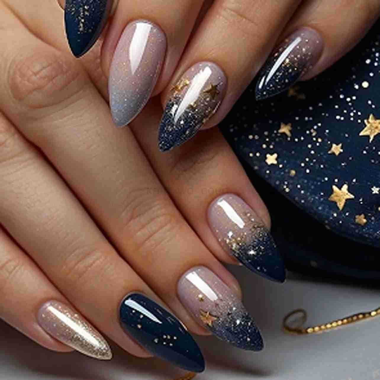 24Pcs Glitter Blue French False Nails Press on Short Round Head Fake Nail with Moon Star Design Artificial Almond Manicure Tips M250807