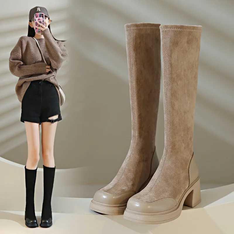 2023 Autumn Winter New British Style Knight Boots French Elastic Boots Versatile Thick Sole Womens Boots XJ250807