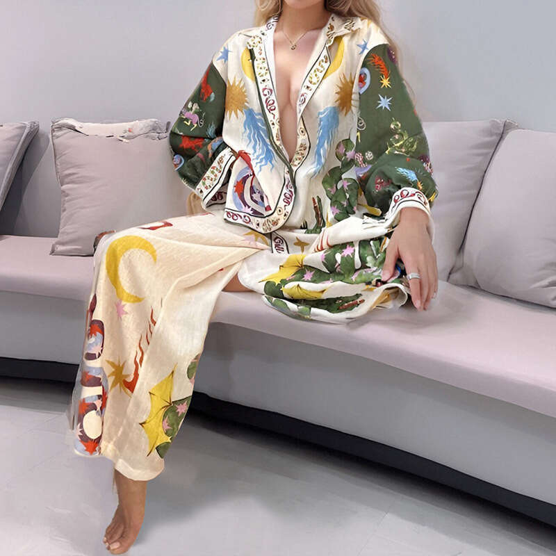 Printed Long Sleeve Shirt Loose Casual Women's Fashion Two-Piece Set B5 h7