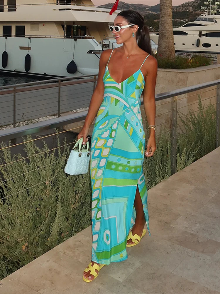 Chic Print Sling Long Dress Women Sleevless Backless Side Split Party Dresses 2025 Summer Street Beach Lady Ankle-length Robes 250806