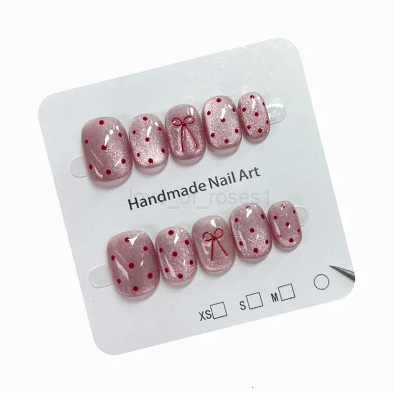 10pcs Ballet Short Nail Tips Set - Glossy Finish Polka Dot Solid Color Designs with 3D Bow Accents Nail Art for Women and Girls Z250807