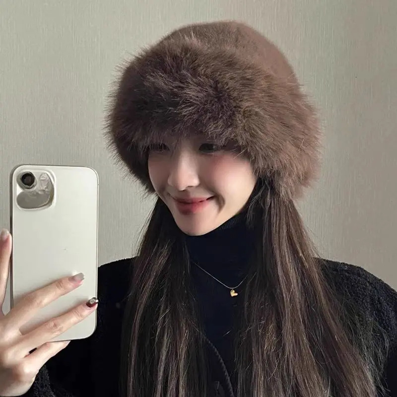 Y2K Fluffy Faux Fur Bucket Hat Women Rabbit Fur Warm Thick Plush Winter Hat Lady Fashion Furry Panama Fisherman Cap 250806