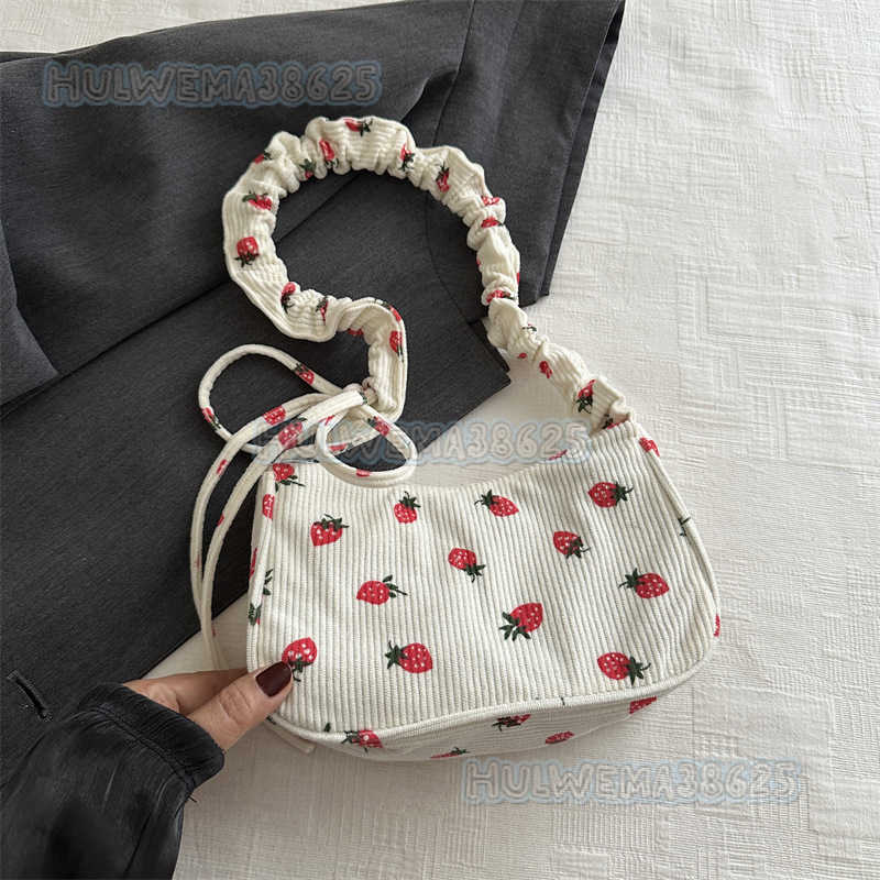 Cute Strawberry Small Bag for Women 2024 New Trendy Versatile Underarm Bag Celebrity Fashion Corduroy Shoulder Bag H250806