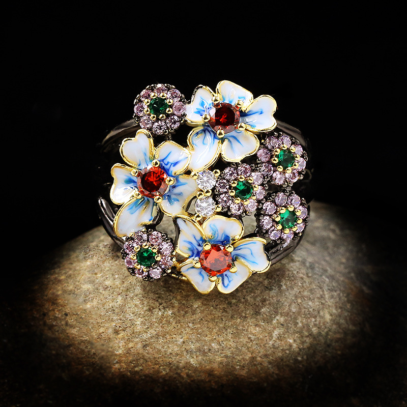 Black & Gold Tone Enamel Flower Cluster Ring With Multi-Color Gemstone Accents Bohemian And Vintage Outfit Accessory Gift For Her Exquisite And Colorf