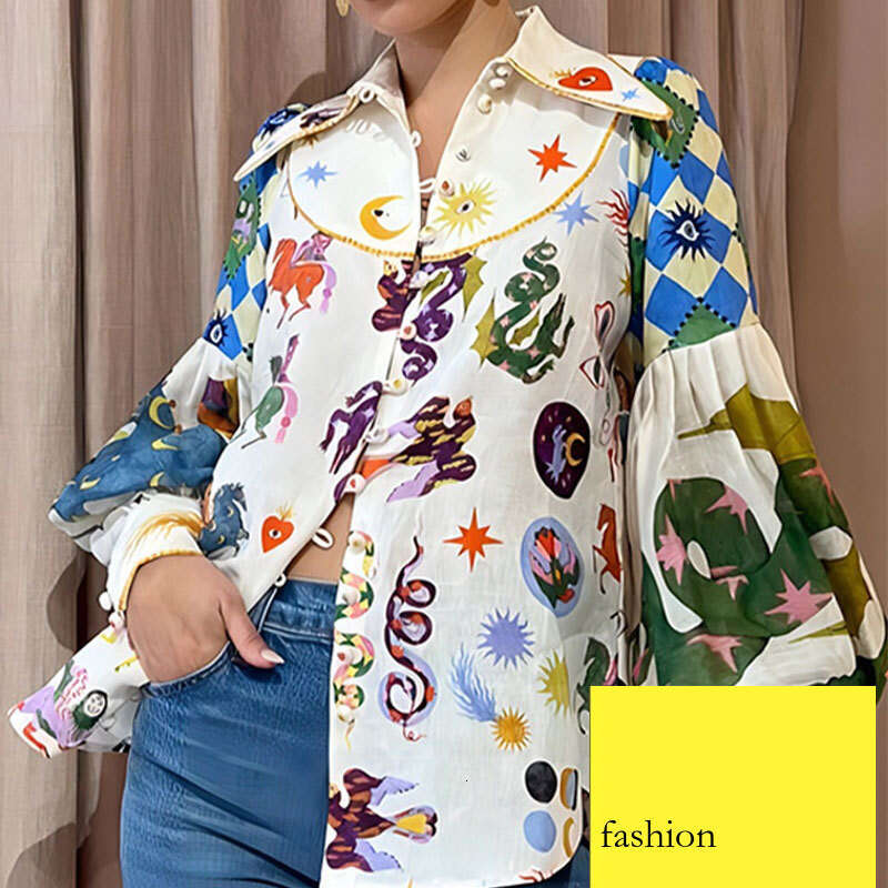 Women's Loose Graffiti Print Turn-Down Collar Lantern Long Sleeve Spring Cardigan Shirt B5 h7