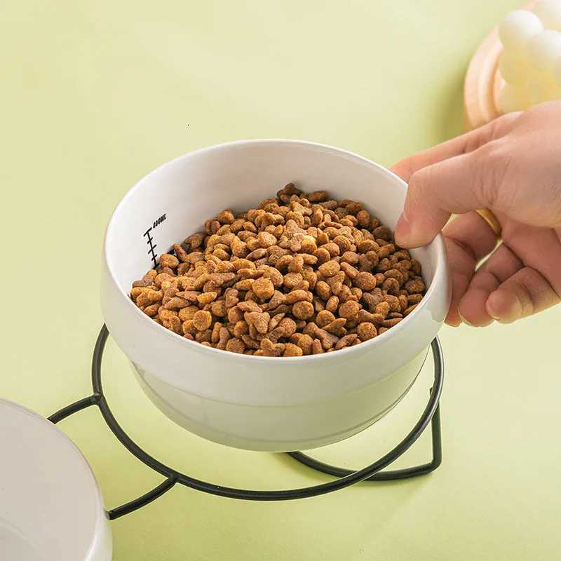 Cute Paw Print Cat Bowl Cartoon Pet Ceramic Bowl Iron Frame Double Bowl Dog Cat Universal High Quality Non-slip Bowl Pet Feeder Y250806