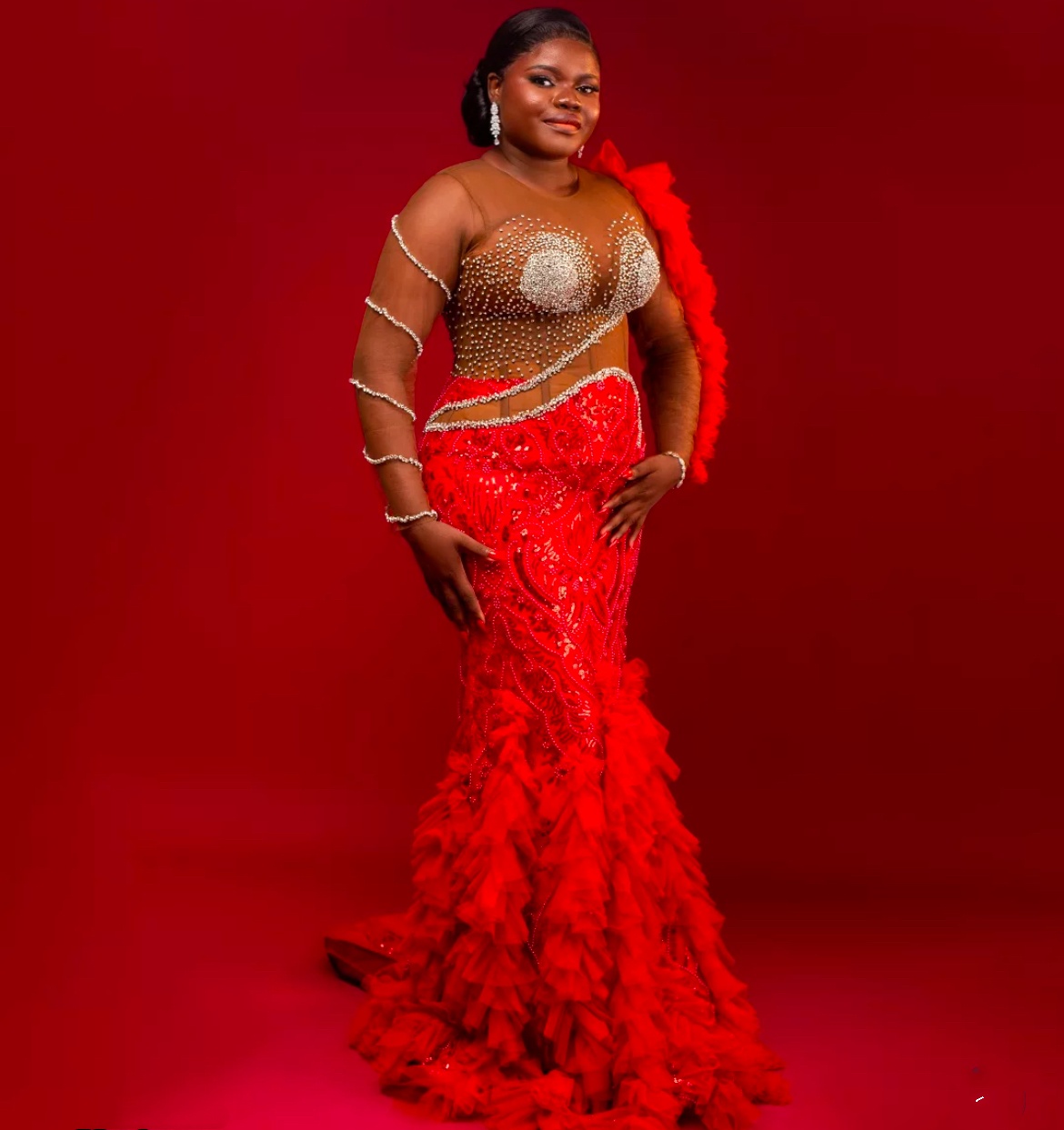 Red Mermaid Prom Dresses 2025 Beaded Illusion Sequined Tiers Evening Formal Party Second Birthday Engagement Gowns Plus Size Dress For Special Occasio