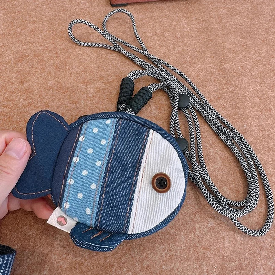 Mini Unisex CowGirl Style Puffer Fish Coin Purse Fashionable Versatile Denim Earphone Bag Cute Patchwork n 2025 250805