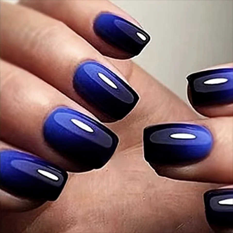 24Pcs Short Size French Blue Black Gradient Classic Versatile Girls Women Full Coverage Wearable Fake Nails Set M250807