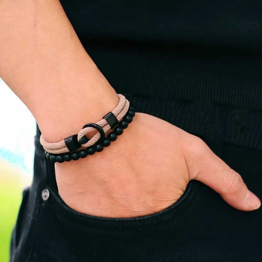 2Pcs/Set Men Bracelet Set Double Layer Rope Nautical Bracelet 6mm Black Onyx Stone Bracelet Leisure Accessories Pulseria W250807