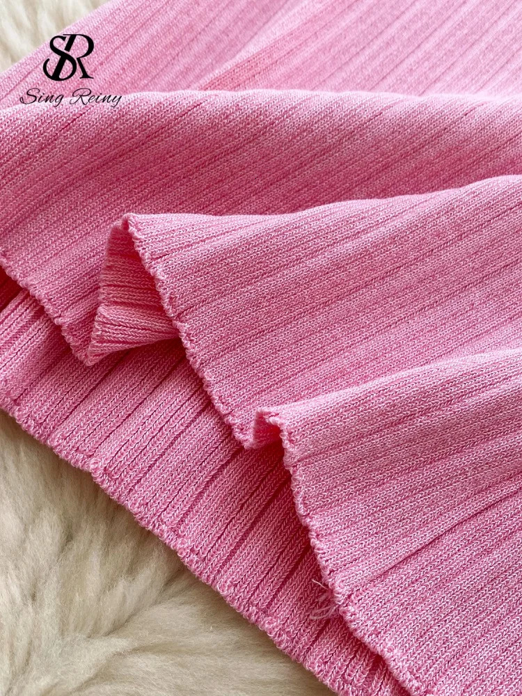 SINGREINY American Retro Knit Bodycon Sundress Women Lapel Neck Short Sleeve Elastic Ruffles Sheath Striped sweet Dress 250807