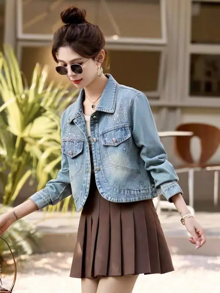 Female Jeans Coats Diamonds Crop Spring Autumn Short Blue with Rhinestones Small Sequin Studded Womens Denim Jackets Original 250804