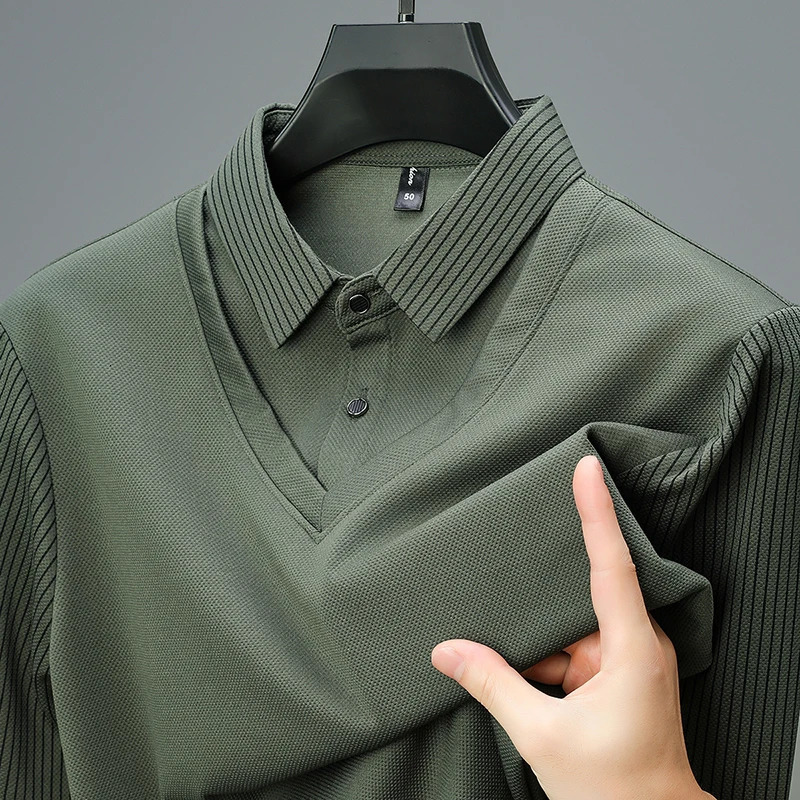 High end personalized shirt collar sweater mens autumn fashion casual Korean version two piece long sleeved Tshirt 250807