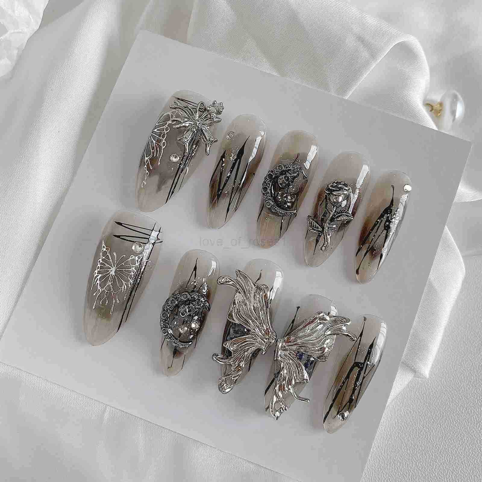 3D Silver Butterfly False Nails With Metal Moon Decor Charming Gothic Fake Nails Y2K Press On Nails Long Almond Handmade Z250807