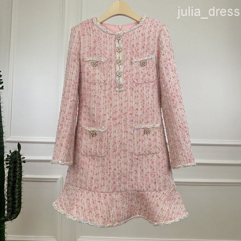 Pink Gentle Elegance Style Slimming Long Sleeve Dress Tweed Handmade Lace Mermaid Dress