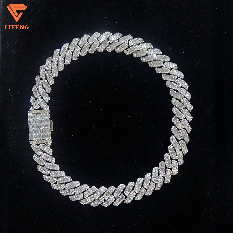 Fashionable Mens Silver VVS Moissanite Diamond Baguette Cut Pearl Cuban Link Chain Hip-hop Rapper Singer Style GRA Certificate