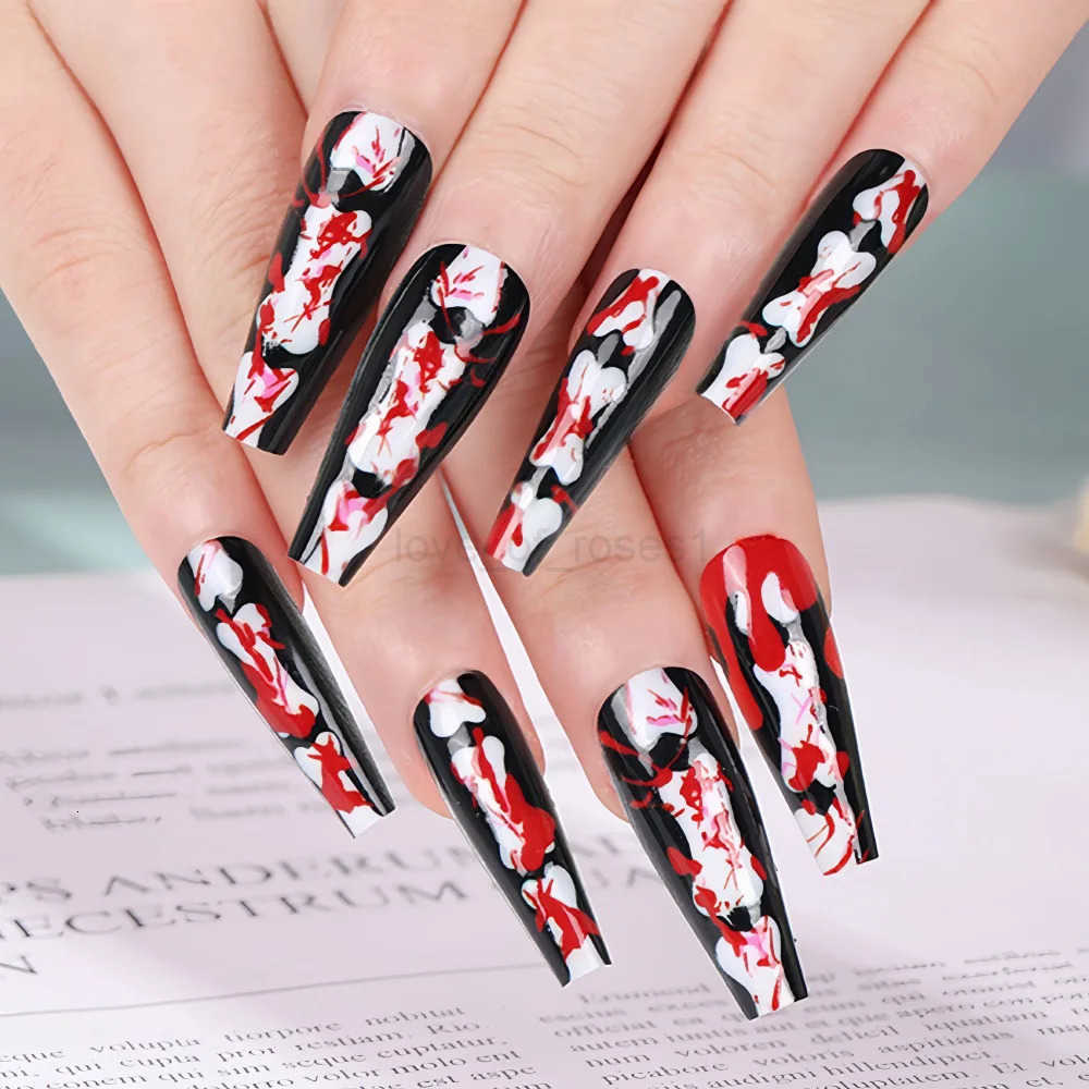 24Pcs Halloween Press on Nails Full Cover Easter Bat Cool Y2k Almond Fake Nails Wearable Manicure Nail Tips Art Z250807