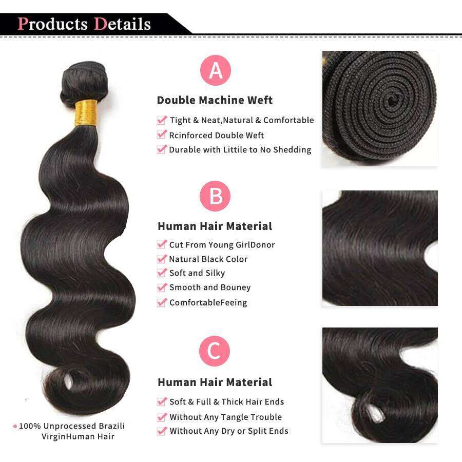 Body Wave Brazilian Weave 100% Natural Black Human Hair Extensions synthetic 3 PCS Bundles