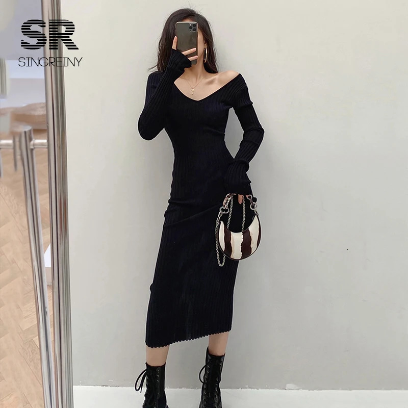 SINGREINY Women Autumn Knitted Dress V Neck Sexy Slim Elastic Oversized Basic Bodycon Sweater Dress Winter knit Warm Long Dress 250806
