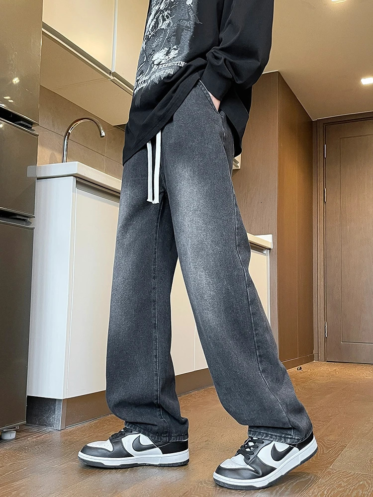 Mens Spring Summer SemiWide Leg Jeans Korean Fashion Washed Cotton Casual Denim Pants Black Blue Straight Trousers 250807