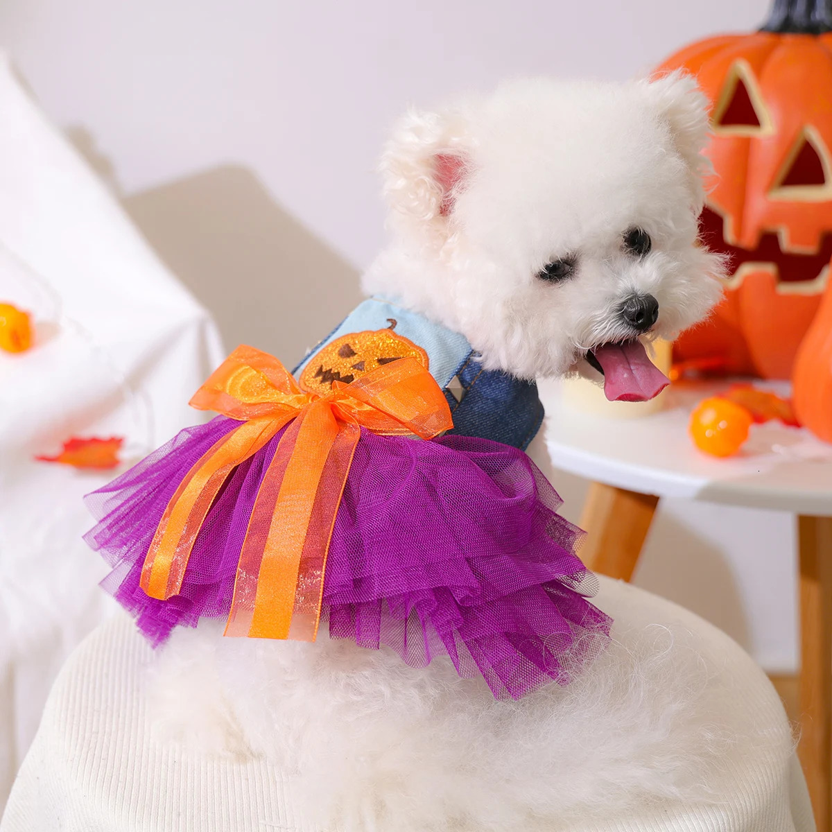 1PC Quirky Pumpkin Skirt Pet Clothes Dog Cat Autumn Halloween Orange Bow Sleeveless Wedding Dress 250805