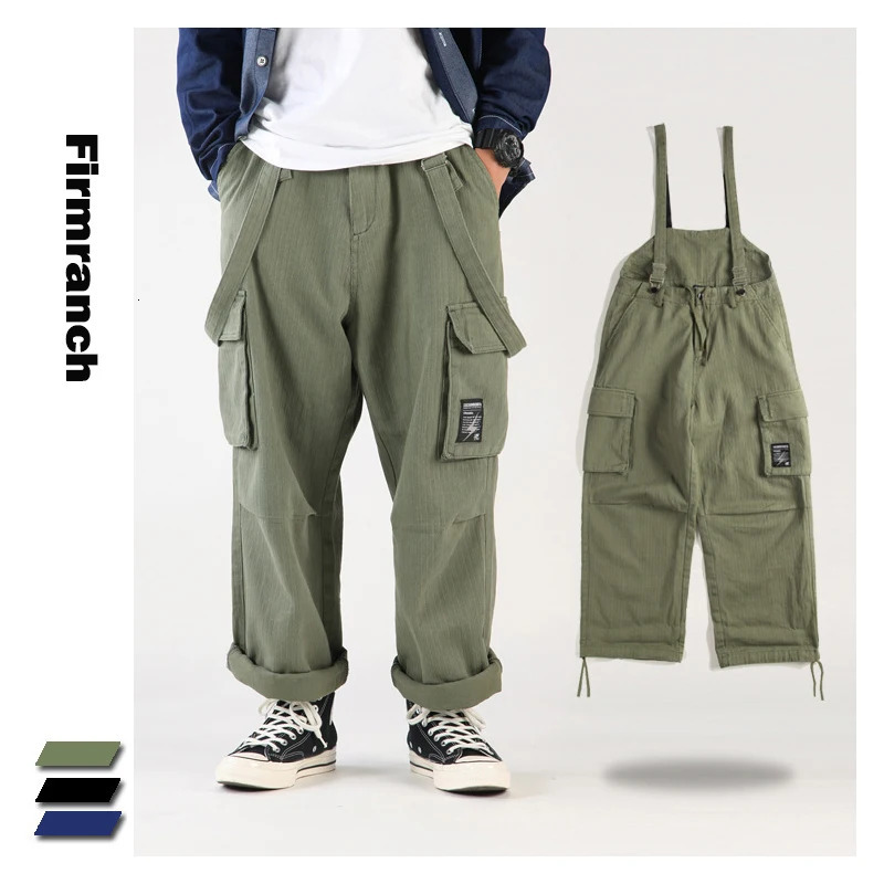Firmranch AutumnSpring Men Amekaji Wide Baggy Suspenders Casual Ins Loose Pockets Cargo Bib Pants Jumpsuit Trousers 250804