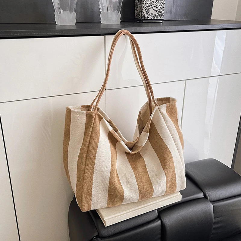 Summer Stripe Canvas Tote Bag Female Casual Large Capcity Simple Shoulder Bags Shopping Handbag Daily Bag 250804