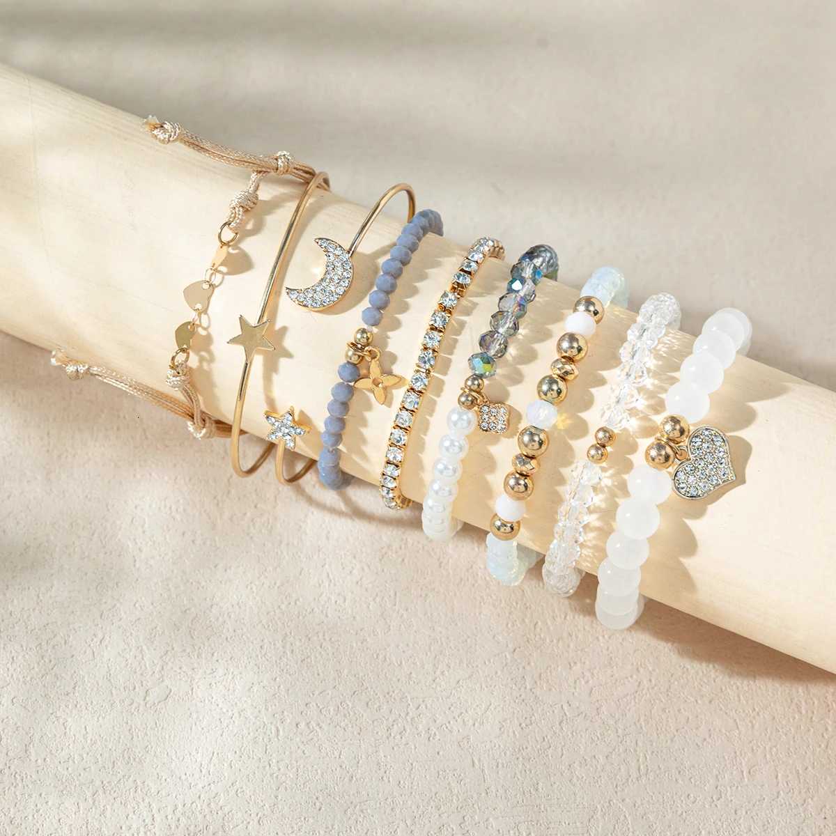 9 Piece Set Luxurious Bracelets for Women Crystal Shiny Adjustable Opening Chain Bracelets Punk Bangle Fashion Jewelry W250807