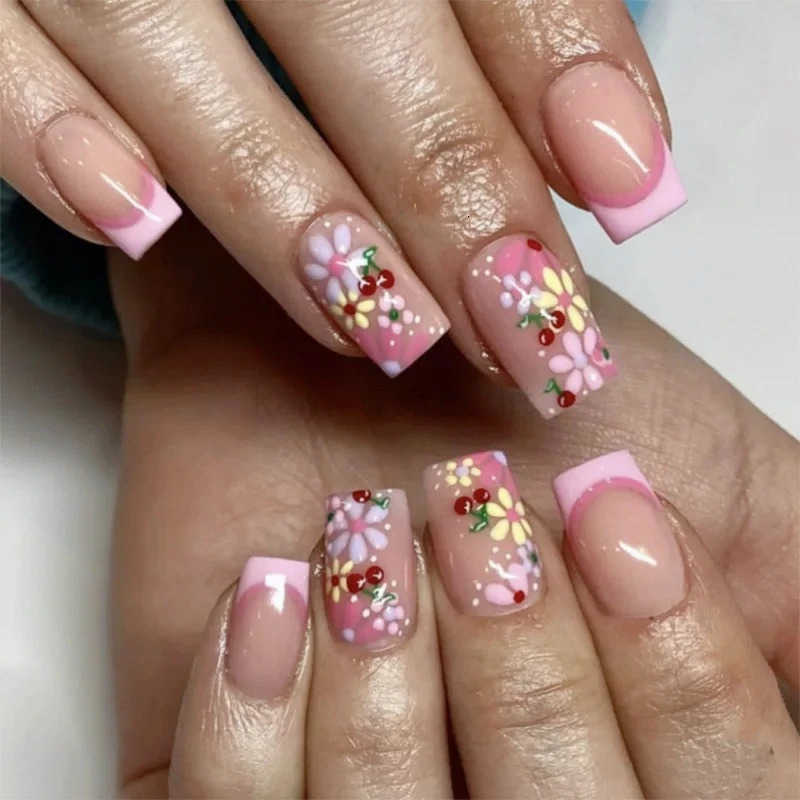 Rose Red Flower Snake Pattern Square False Nails Art Butterfly Pearl Fake Nails Rhinestones Press-on Nails Charms Manicure Tools M250807