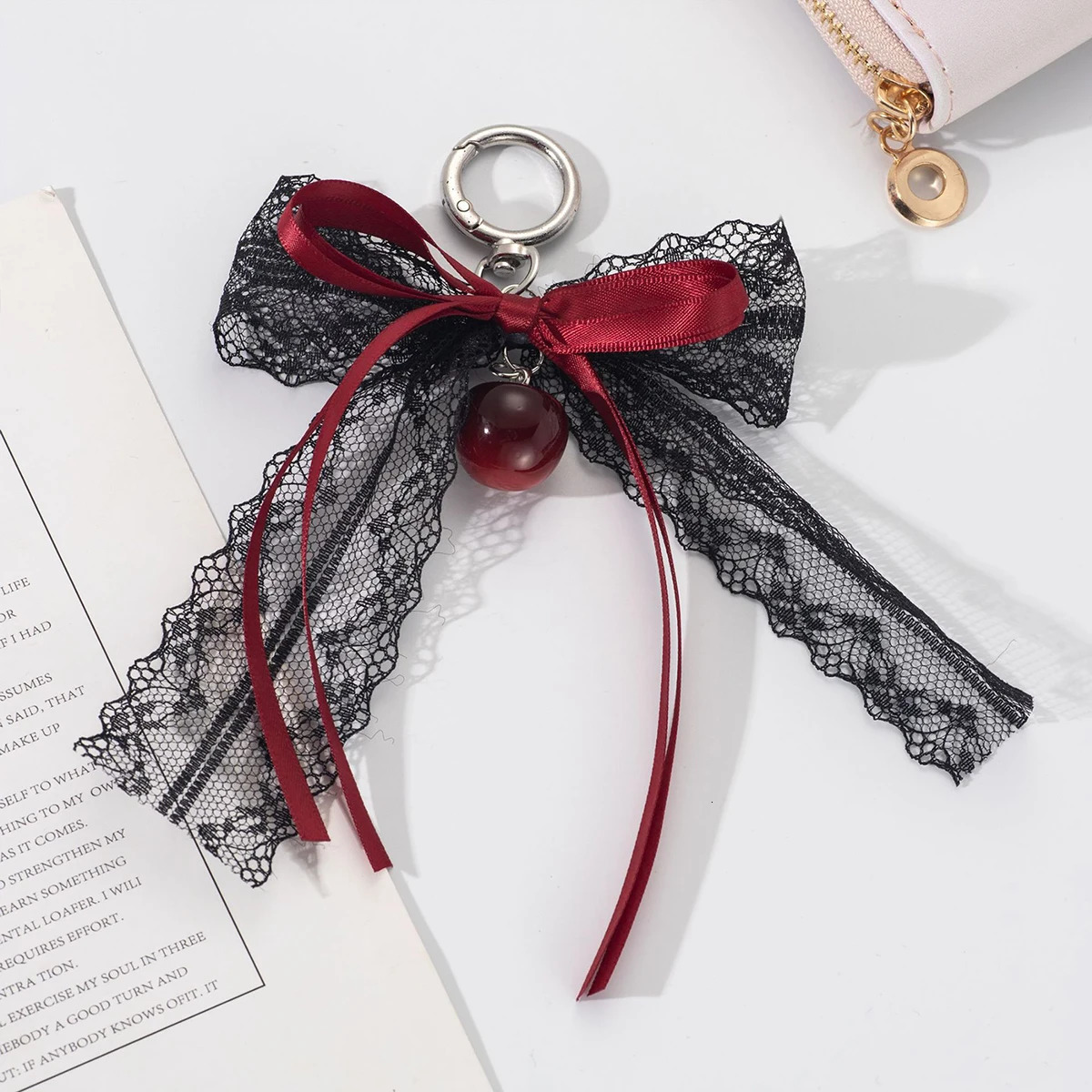 Lace bow Keychain Hollow Red Ribbon Cherry Y2k Fashion Charm Delicate Backpack Key Chain Valentines Day Gift Accessories 250807