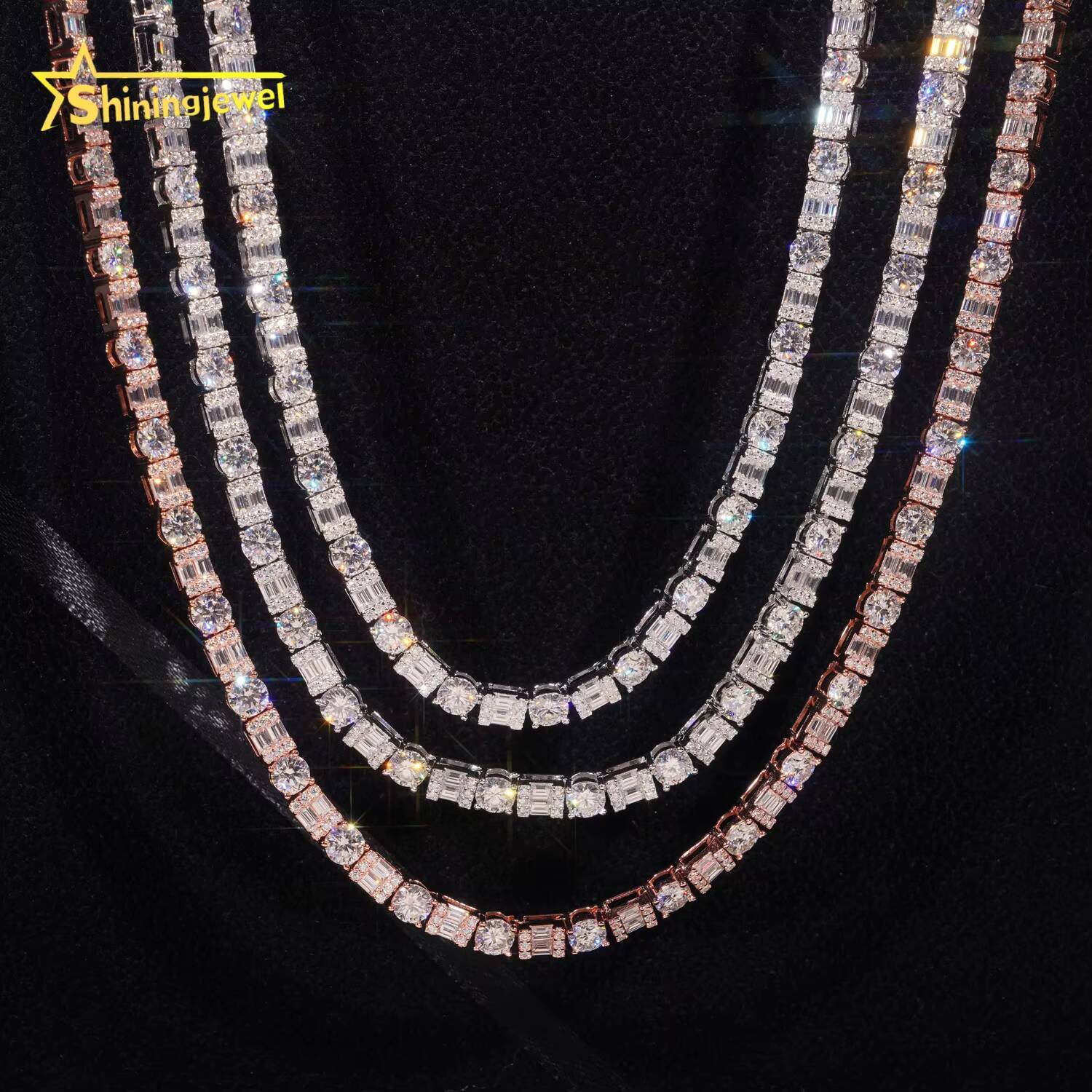 Trendy 925 Sterling Silver Tennis Chain Moissanite Jewelry GRA Certificated Emerald Cut Moissanite Tennis Necklace Men Women