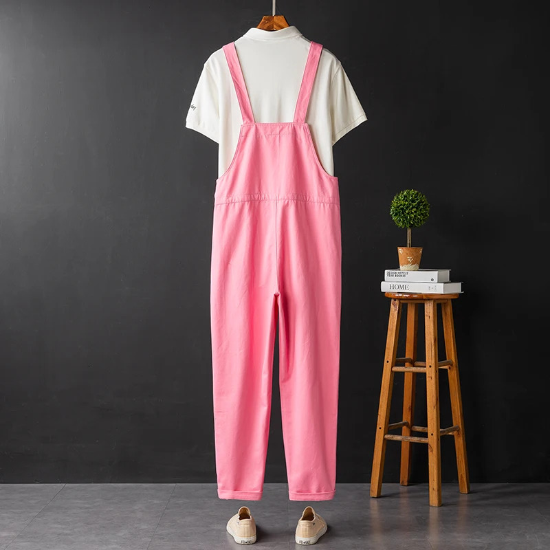 Men Pink Bib Overalls Casual Adjustable Suspenders Jumpsuits Y2K Loose Straight Pants 250804