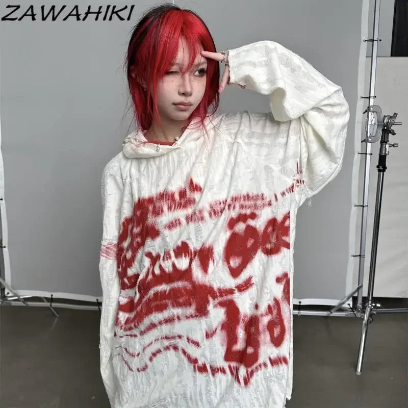 Korean Top Female Fashion American Y2K Dark Punk Hole Chic ed Hoodies Women Letter Print Loose Streetwear Sweatshirt 250805