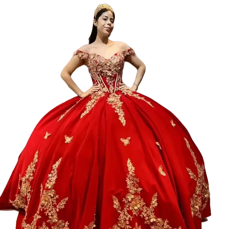 Off Shoulder Red Princess Quinceanera Dresses With Gold Butterfly Lace Appliques Ball Gown Sweet 16 Dress Boutique Party Wear Corset Lace-Up Back