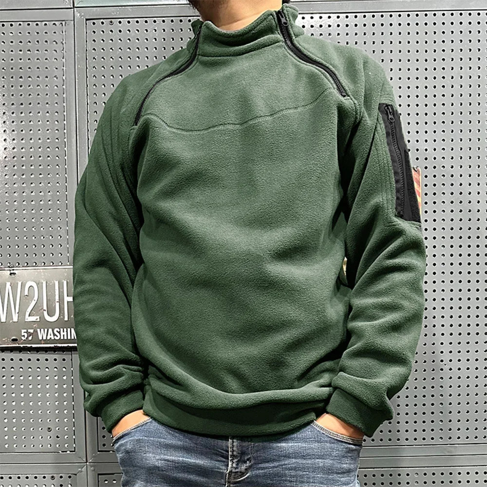 Mens Polar Fleece Outdoor Warm Breathable Tactical Zipper Standing Neck Long Sleeves Casual Solid Color Sweatshirt 250807
